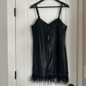 NWT Lamarque Mollie Holiday Xmas Party Faux Leather Feather Little Black Dress